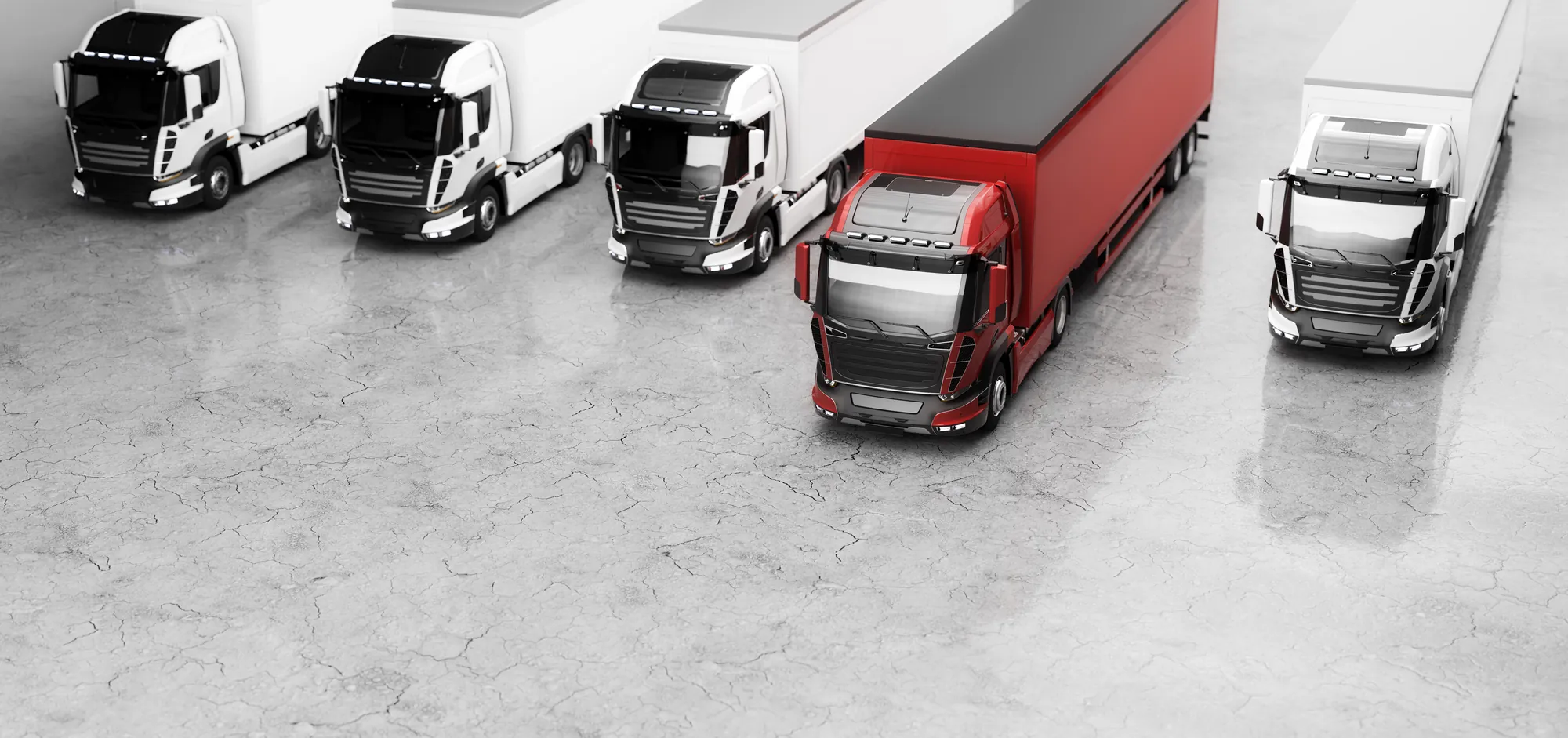 Fleet of zero-emission trucks with one red truck